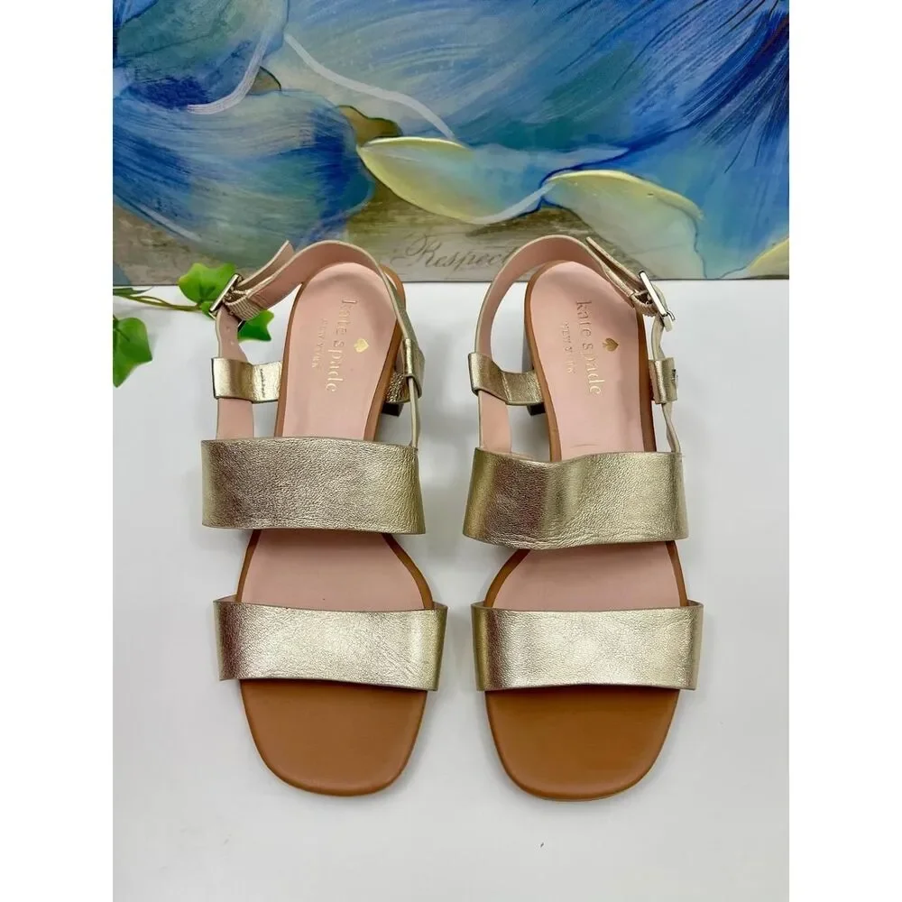 Kate Spade New York Metallic Gold Leather Slingback Block Heel Sandals Size 6.5